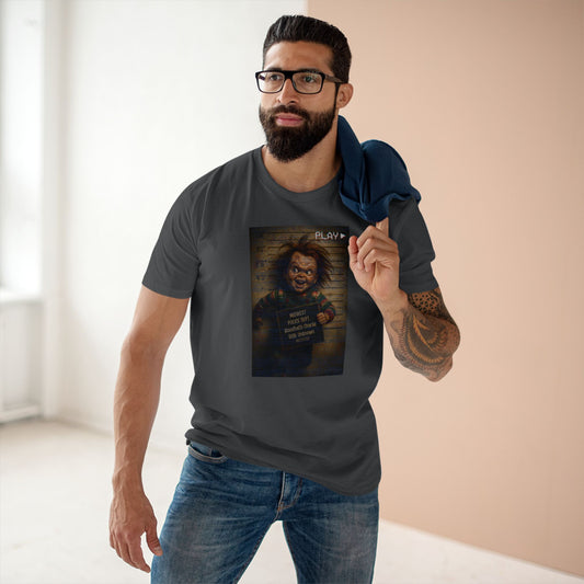 Creepy Killer Doll Mugshot T-Shirt – Halloween Horror Tee, Boutique DTG Print, Premium Cotton Tee, 90s VHS Aesthetic