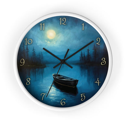 Moonlit Lake Wall Clock – Serene Night Boat Scene 10" Decor