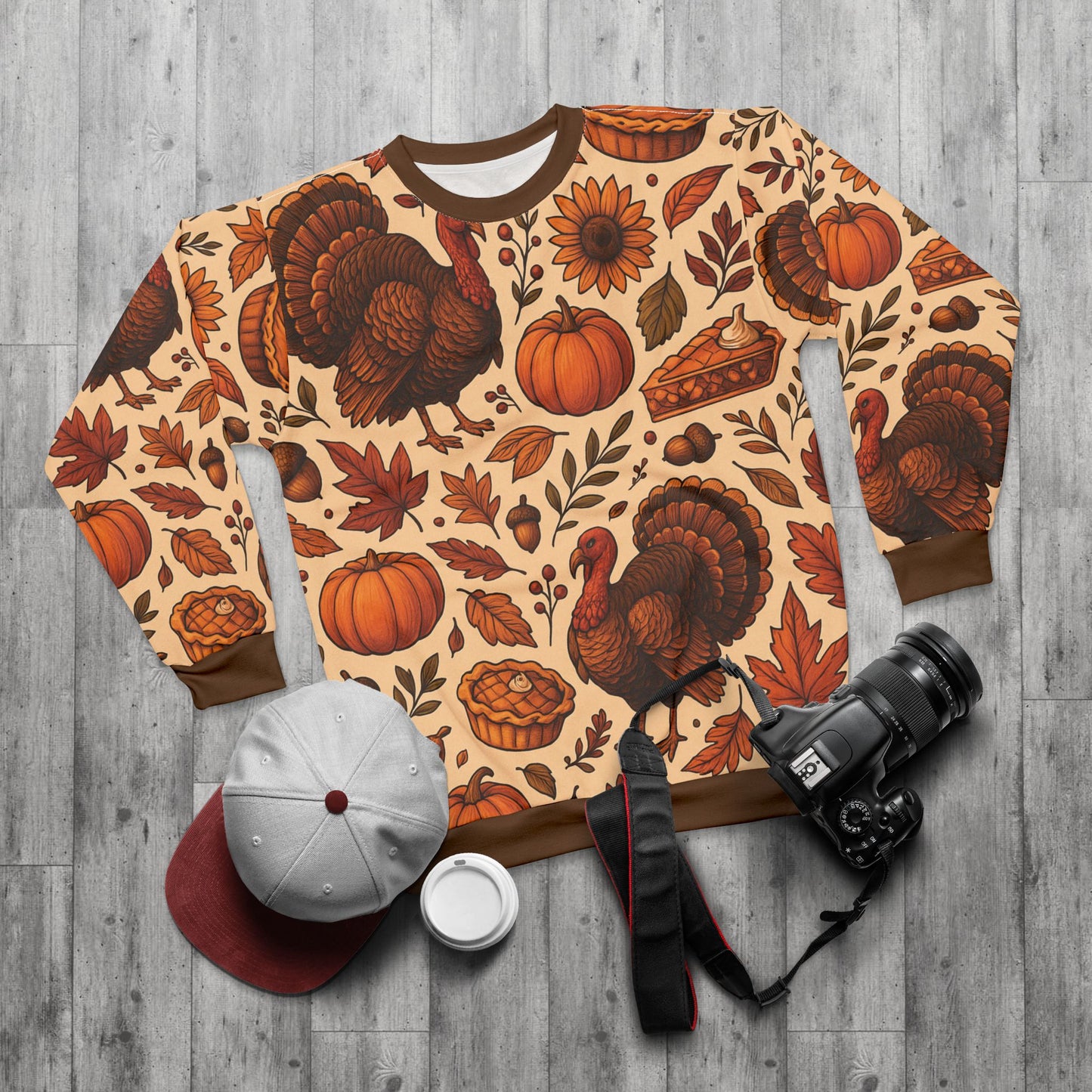 Thanksgiving Turkey Feast AOP Unisex Sweatshirt | Cozy Fall Sweater | Pumpkins, Pies & Autumn Leaves | Free Worldwide Shipping