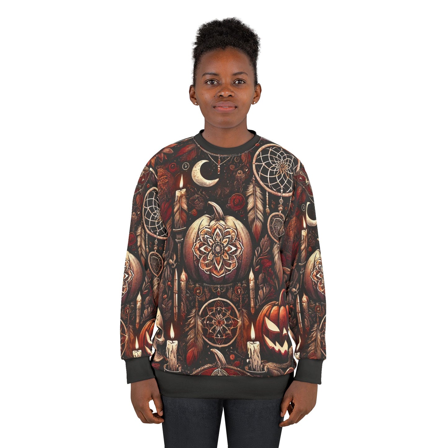 Midnight Samhain AOP Unisex Sweatshirt | Gothic Halloween Pumpkins, Candles & Dreamcatchers | Dark Fall Aesthetic | Free Worldwide Shipping