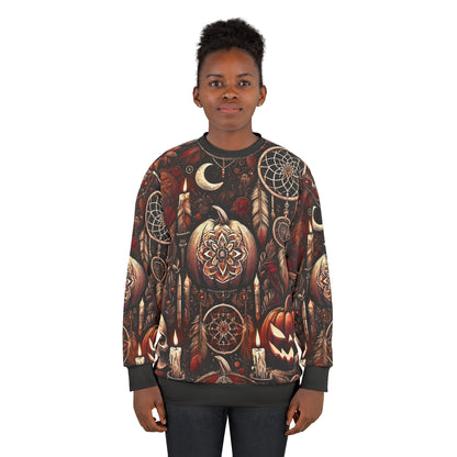 Midnight Samhain AOP Unisex Sweatshirt | Gothic Halloween Pumpkins, Candles & Dreamcatchers | Dark Fall Aesthetic | Free Worldwide Shipping