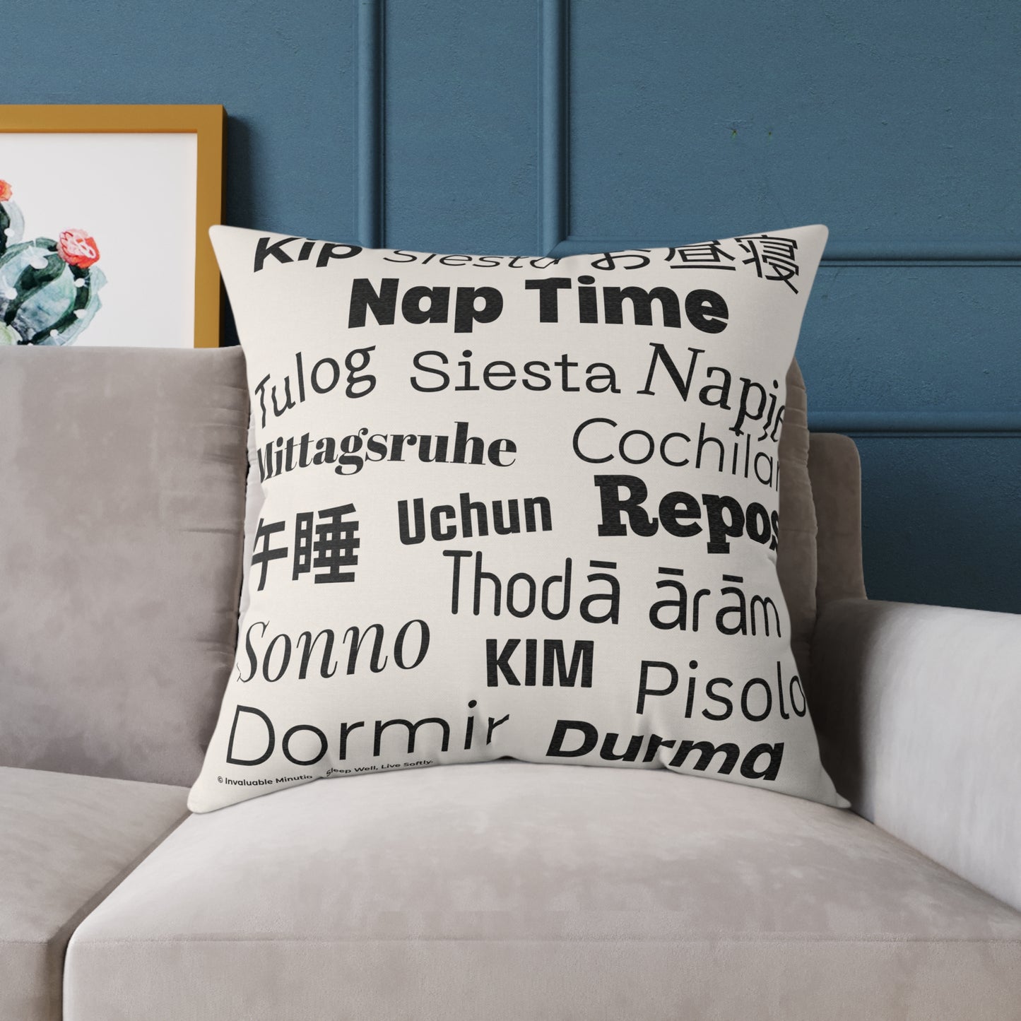 Nap Time (Multilingual) Poly Canvas Throw Pillow — Universal Language: Rest. | Premium Neutral Decorative Cushion