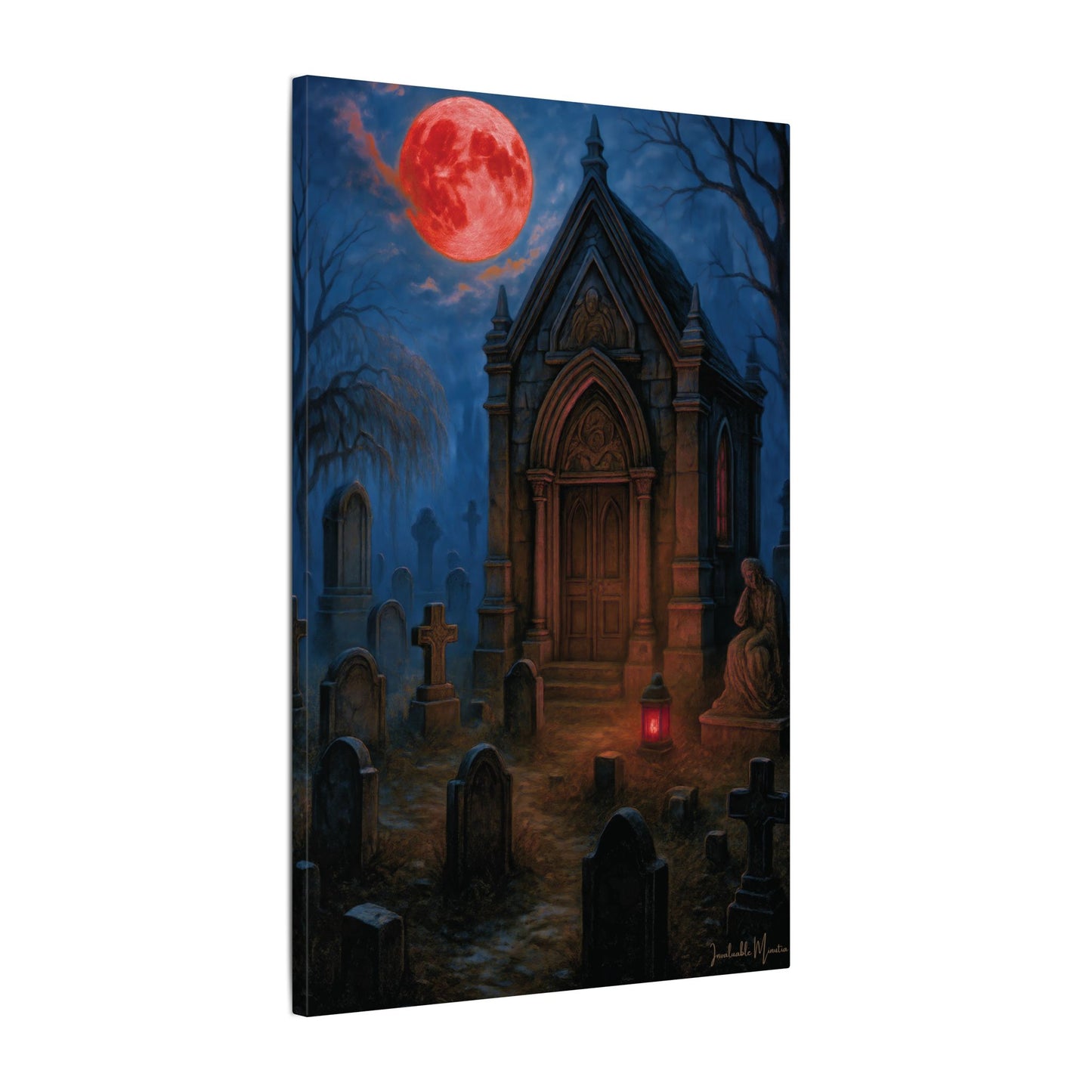 "Blood Moon Mausoleum" – Gothic Graveyard Fine Art Matte Canvas Print (Vertical)