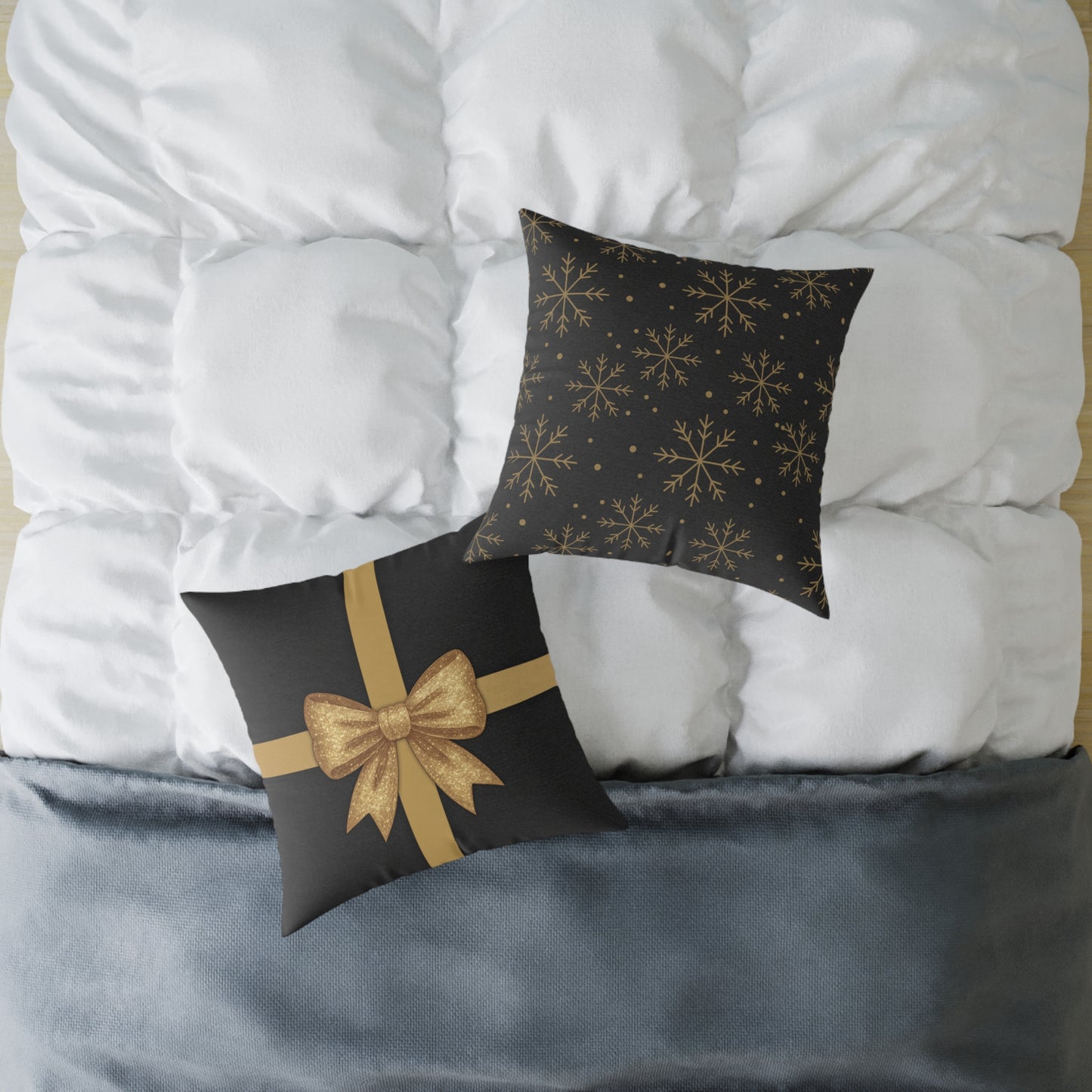 Black & Gold Gift Box Throw Pillow – Charcoal Present & Snowflake Canvas Cushion