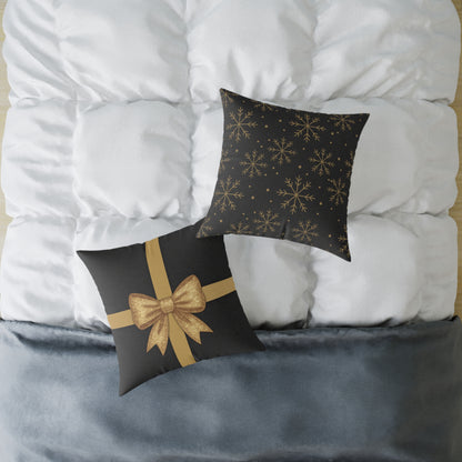 Black & Gold Gift Box Throw Pillow – Charcoal Present & Snowflake Canvas Cushion