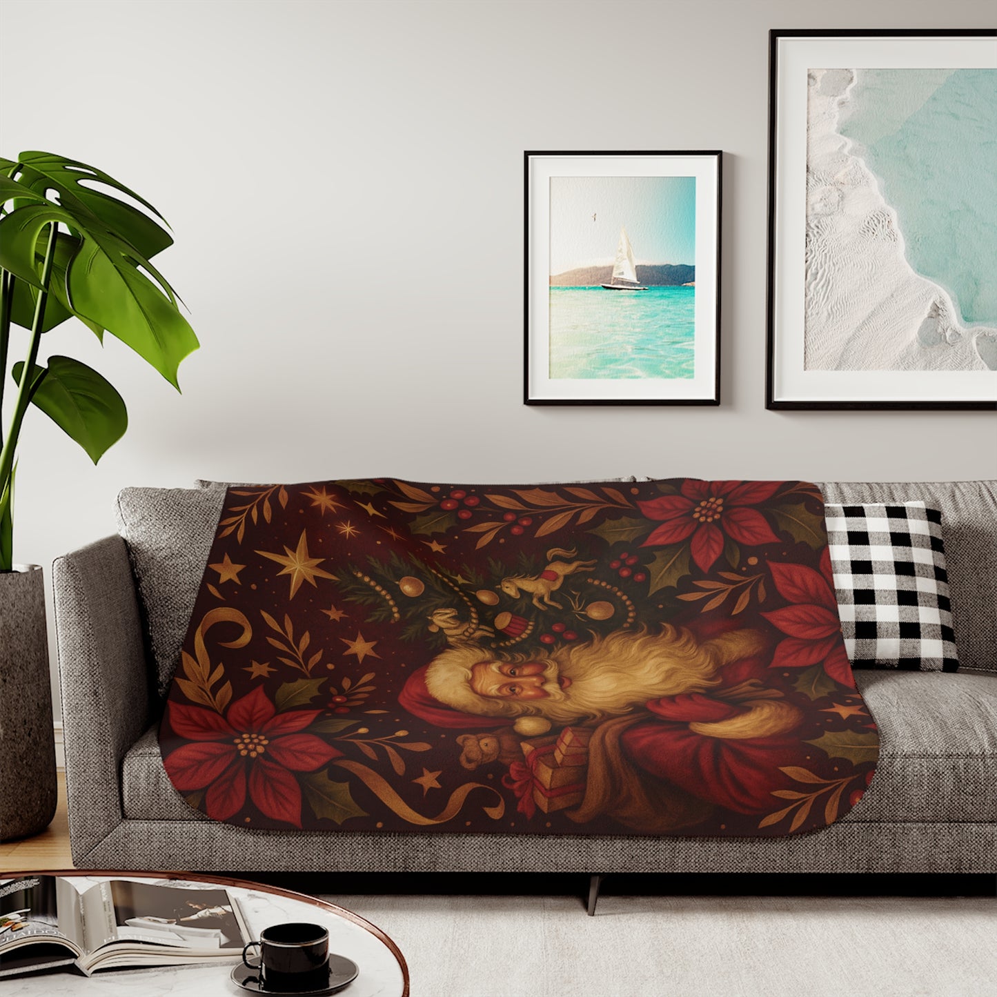 Christmas Santa Sherpa Blanket – Vintage Poinsettia & Toys Holiday Throw