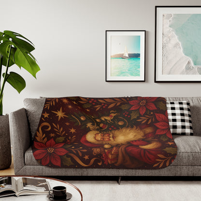 Christmas Santa Sherpa Blanket – Vintage Poinsettia & Toys Holiday Throw