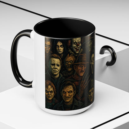 Horror Villain Collage Mug – 15oz & 11oz Ceramic Coffee Mug – Slasher Icons Halloween Gift – Goth Horrorcore Kitchen Decor