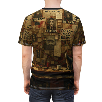 Bigfoot Conspiracy Tee, Unisex T-Shirt, Funny Graphic Tee, Unique Gift for Halloween, Cryptid Lover Fashion, AOP Apparel