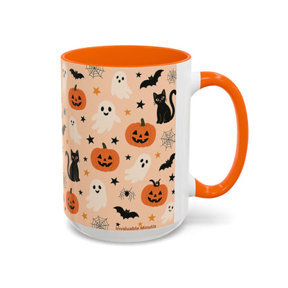 Halloween Color Accent Mug – Ghosts, Pumpkins & Black Cats, Fall Coffee Cup (11oz & 15oz) – Boutique Spooky Season Drinkware
