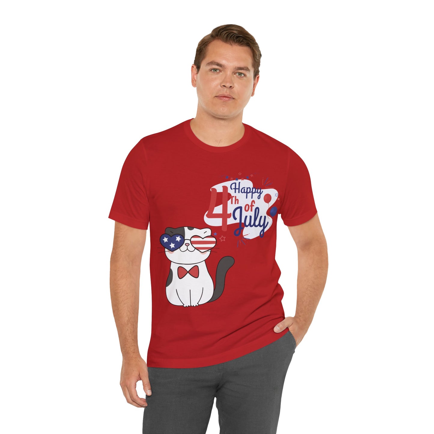 Patriotic Party Cat Tee – Happy 4th of July – Unisex Bella+Canvas Jersey Tee - 4th of July Tee