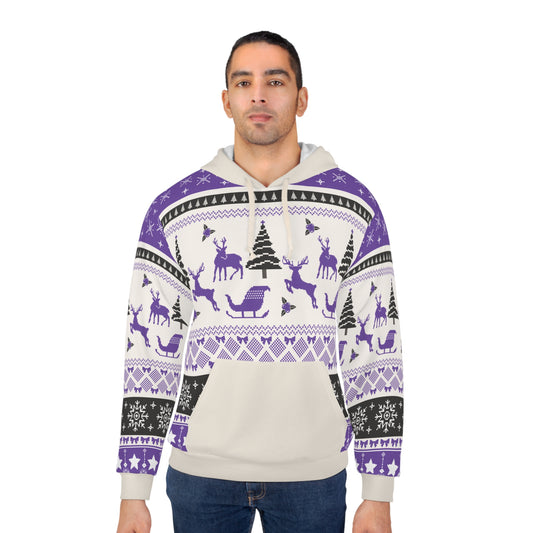 Purple Nordic Reindeer AOP Hoodie – Cozy Fair Isle Winter Holiday Pullover
