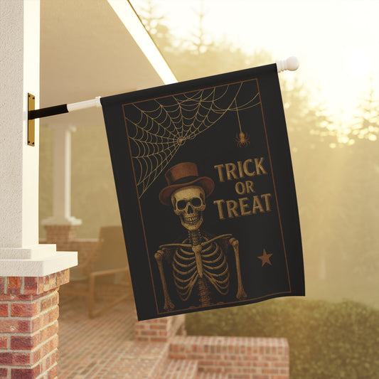 Trick or Treat Garden Flag – Skeleton in Top Hat with Spiderweb | Vintage Halloween Outdoor Banner