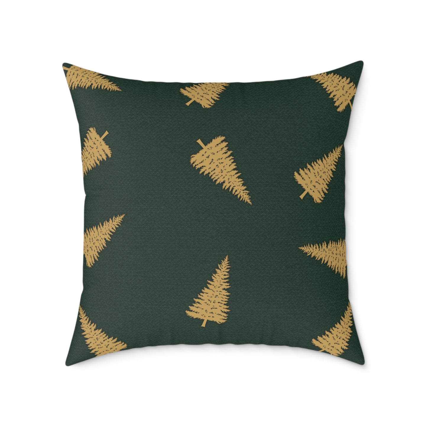 Emerald Gift Box Throw Pillow – Green & Gold Present with Pine Tree Pattern Back