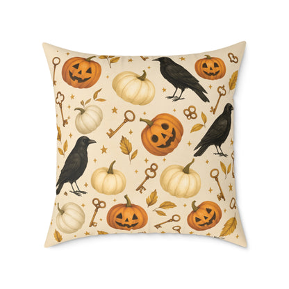 Boutique Halloween Throw Pillow – Crow & Pumpkin Pattern (Reversible Dot Back, Colorway™ Poly Canvas)