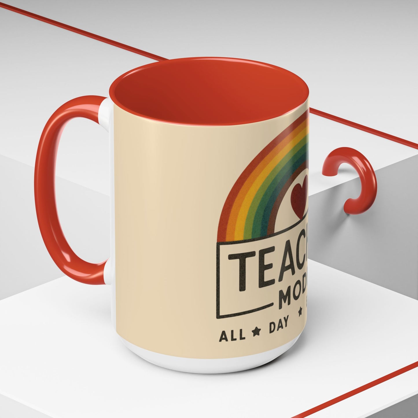 Teacher Mode – Color Accent Mug (11oz/15oz) • Rainbow Heart • Teacher Gift • Dishwasher & Microwave Safe
