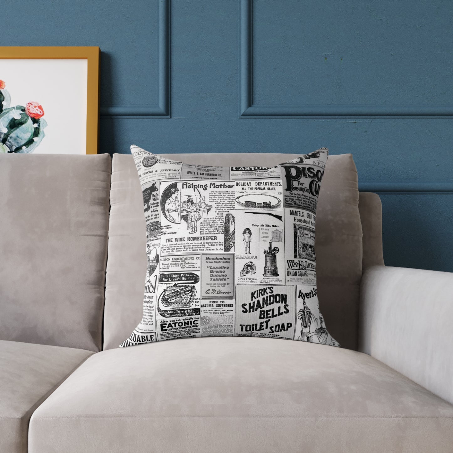 Occult Americana – 1800s Vintage Newspaper Ads Collage Art - Canvas Throw Pillow Version 2