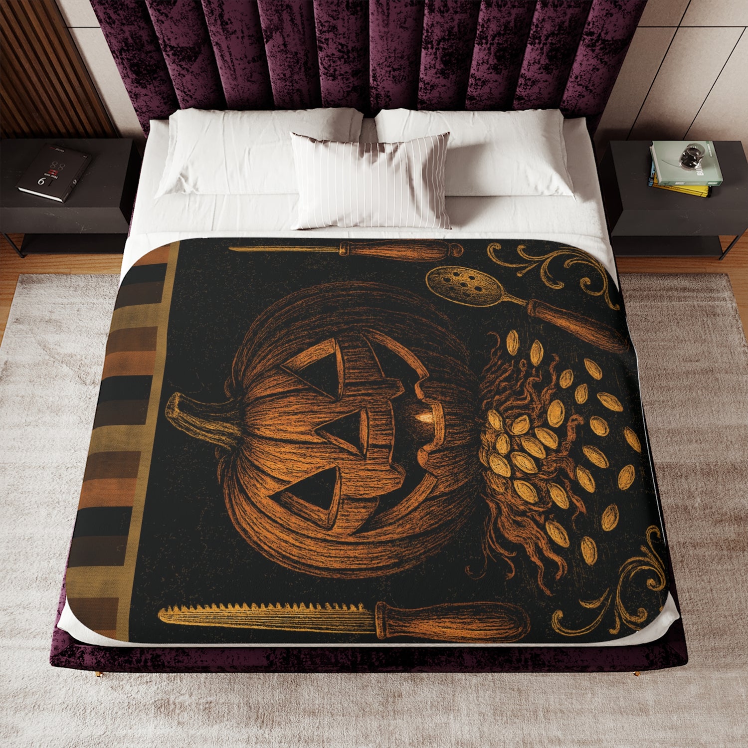 Large Pumpkin carving ritual sherpa fleece blanket featuring vintage jack-o’-lantern, carving tools, and pumpkin seeds design. Displayed on a bed as cozy gothic Halloween and fall décor. Invaluable Minutia exclusive.