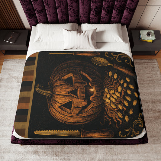 Large Pumpkin carving ritual sherpa fleece blanket featuring vintage jack-o’-lantern, carving tools, and pumpkin seeds design. Displayed on a bed as cozy gothic Halloween and fall décor. Invaluable Minutia exclusive.