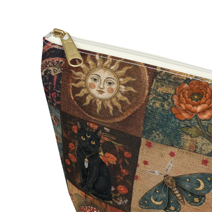 Witchy Patchwork Accessory Pouch – Black Cat Moon Mushroom Cosmetic Bag