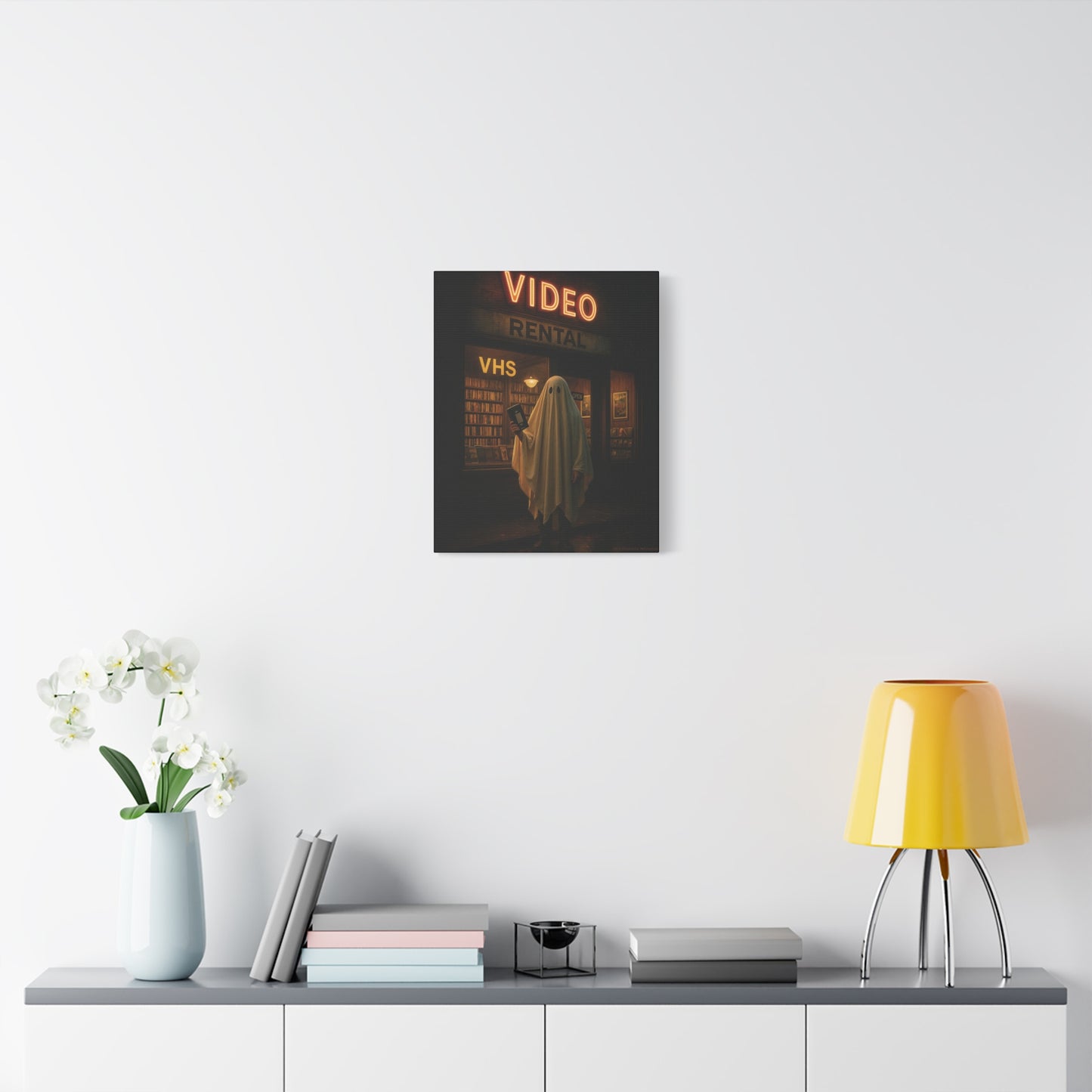 Retro Video Rental Ghost – VHS Nostalgia Matte Stretched Canvas Wall Art | 90s Spooky Decor