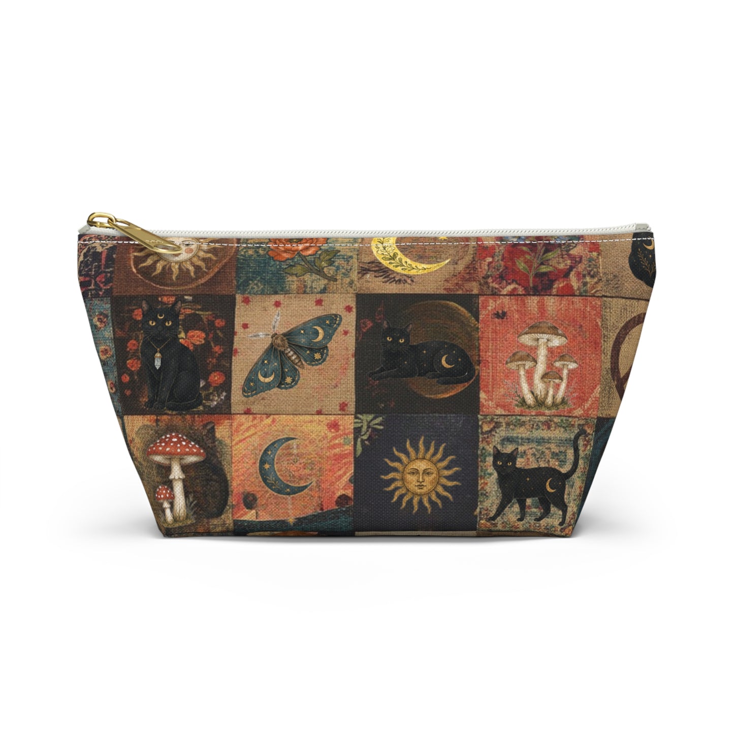 Witchy Patchwork Accessory Pouch – Black Cat Moon Mushroom Cosmetic Bag