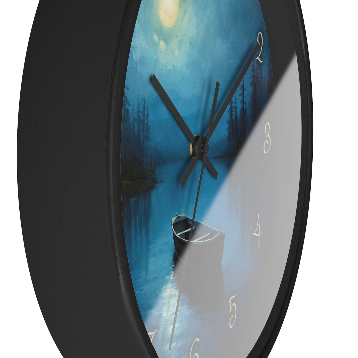 Moonlit Lake Wall Clock – Serene Night Boat Scene 10" Decor