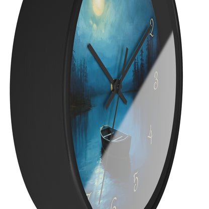 Moonlit Lake Wall Clock – Serene Night Boat Scene 10" Decor