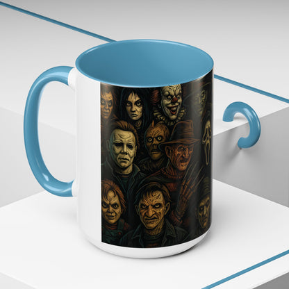 Horror Villain Collage Mug – 15oz & 11oz Ceramic Coffee Mug – Slasher Icons Halloween Gift – Goth Horrorcore Kitchen Decor
