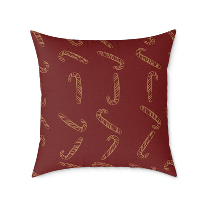 Vintage Fireplace Christmas Throw Pillow – Red & Gold Mantel with Candy Cane Pattern Back