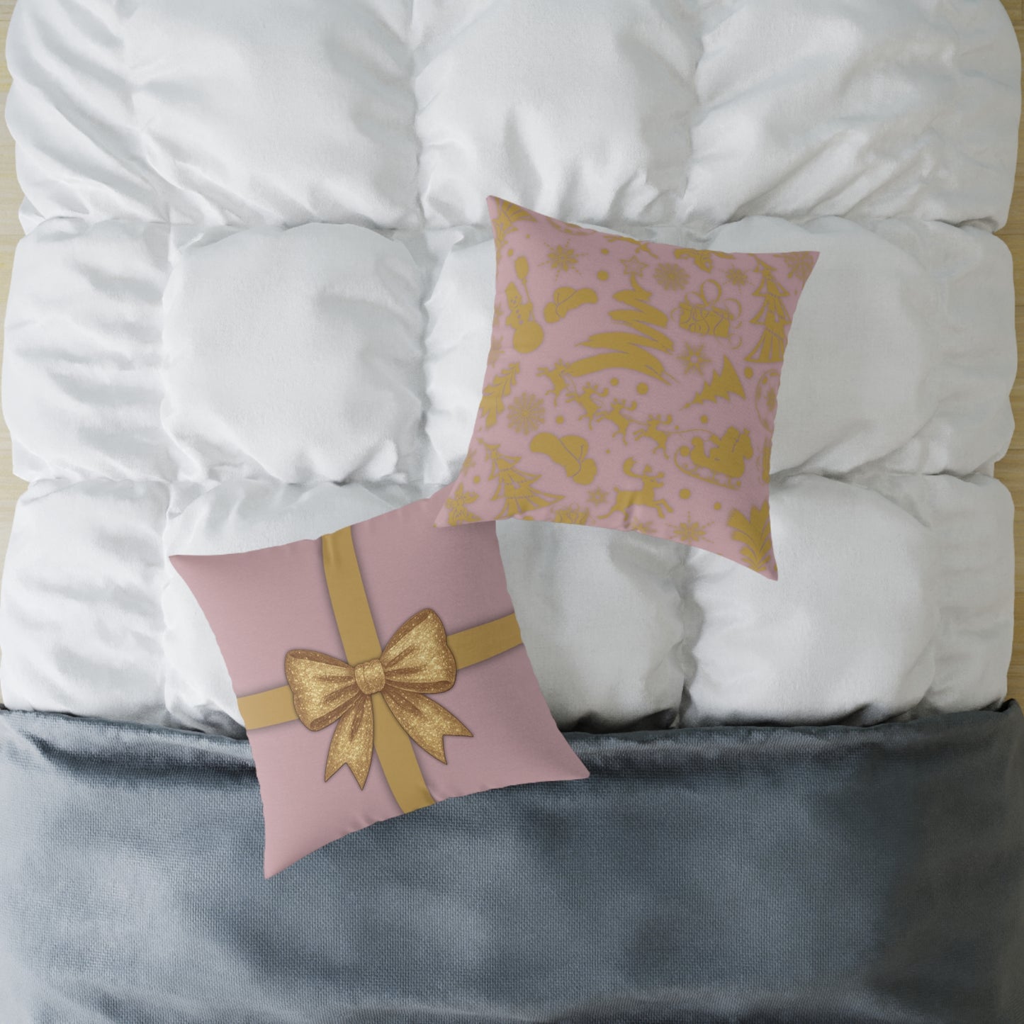Blush Pink & Gold Gift Box Throw Pillow – Holiday Icon Pattern Canvas Cushion