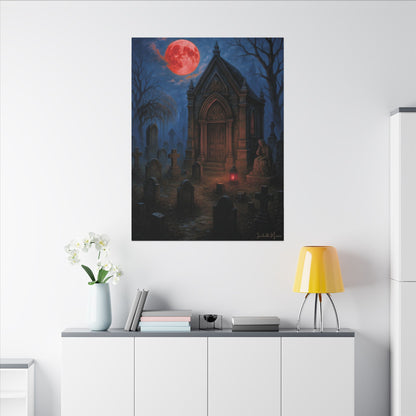 "Blood Moon Mausoleum" – Gothic Graveyard Fine Art Matte Canvas Print (Vertical)