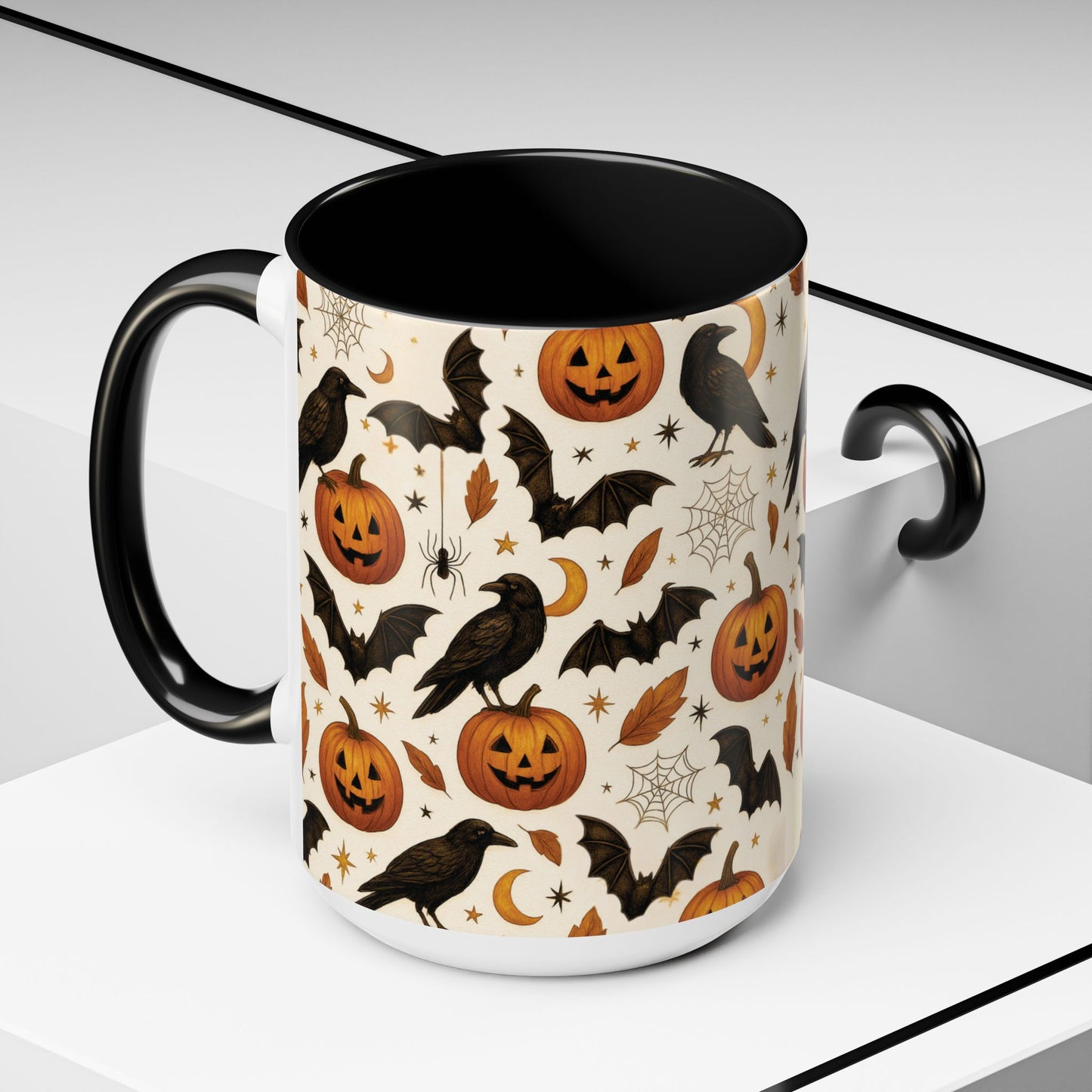Halloween Raven & Pumpkin Color Accent Mug – Gothic Crow, Bats & Jack-o’-Lantern Coffee Cup (11oz & 15oz) – Spooky Autumn Drinkware