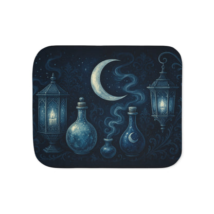 Witchy Winter Sherpa Blanket – Crescent Moon, Lanterns & Potion Bottles