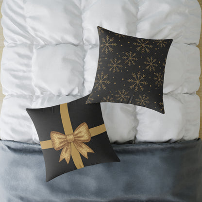 Black & Gold Gift Box Throw Pillow – Charcoal Present & Snowflake Canvas Cushion