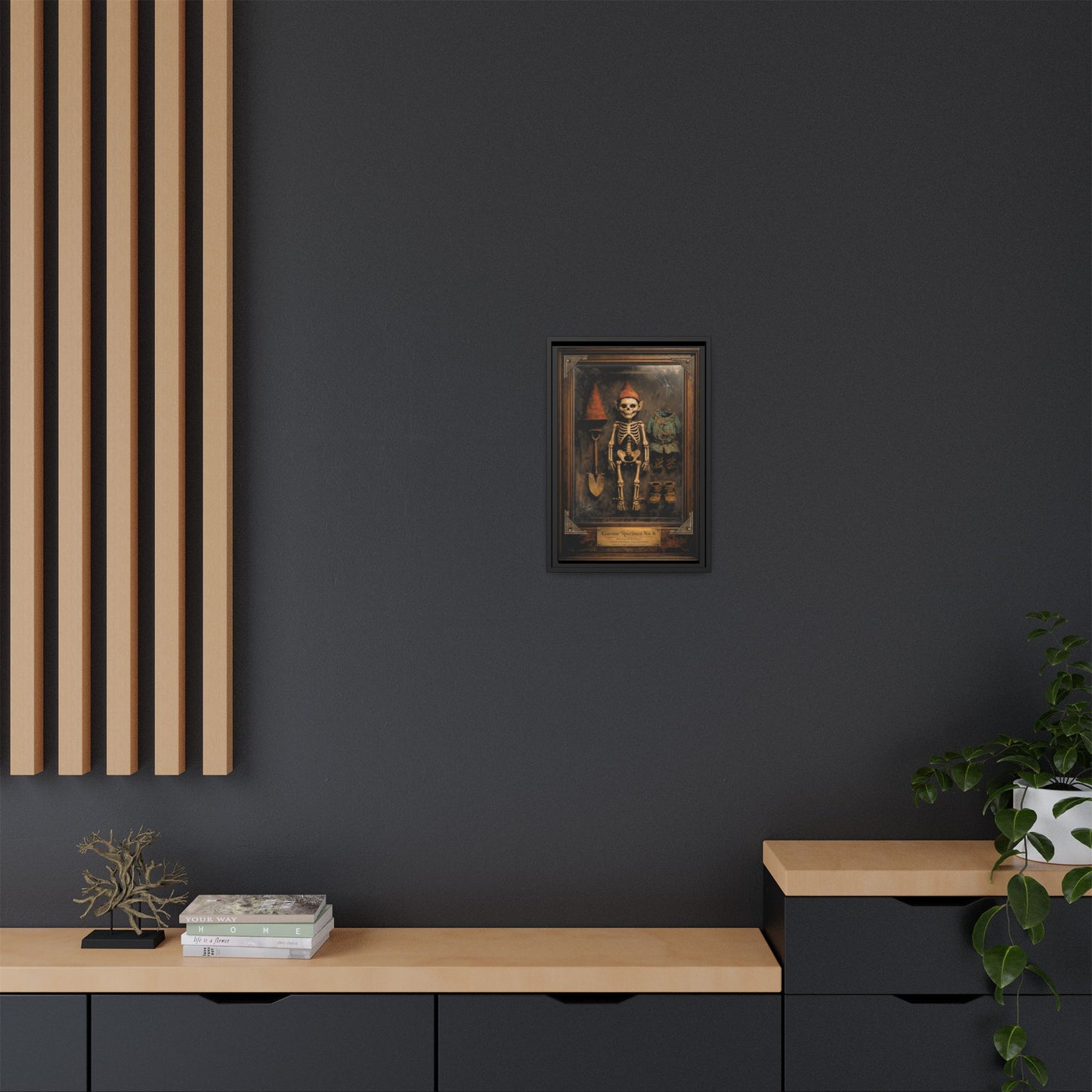 Gnome Specimen No. 6 Framed Canvas Print – Dark Curiosity Cabinet Wall Art, Gothic Skeleton Gnome Decor