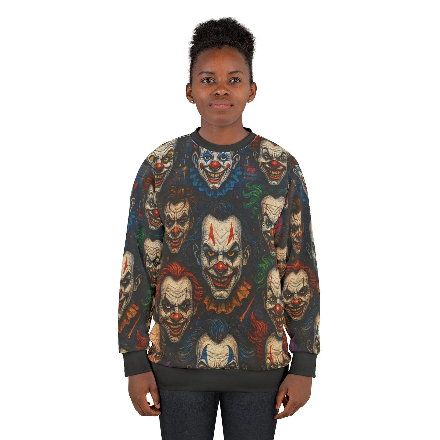 Carnival of Nightmares AOP Unisex Sweatshirt – Creepy Clown Faces | Spooky Season Horror Crewneck | Free Worldwide Shipping