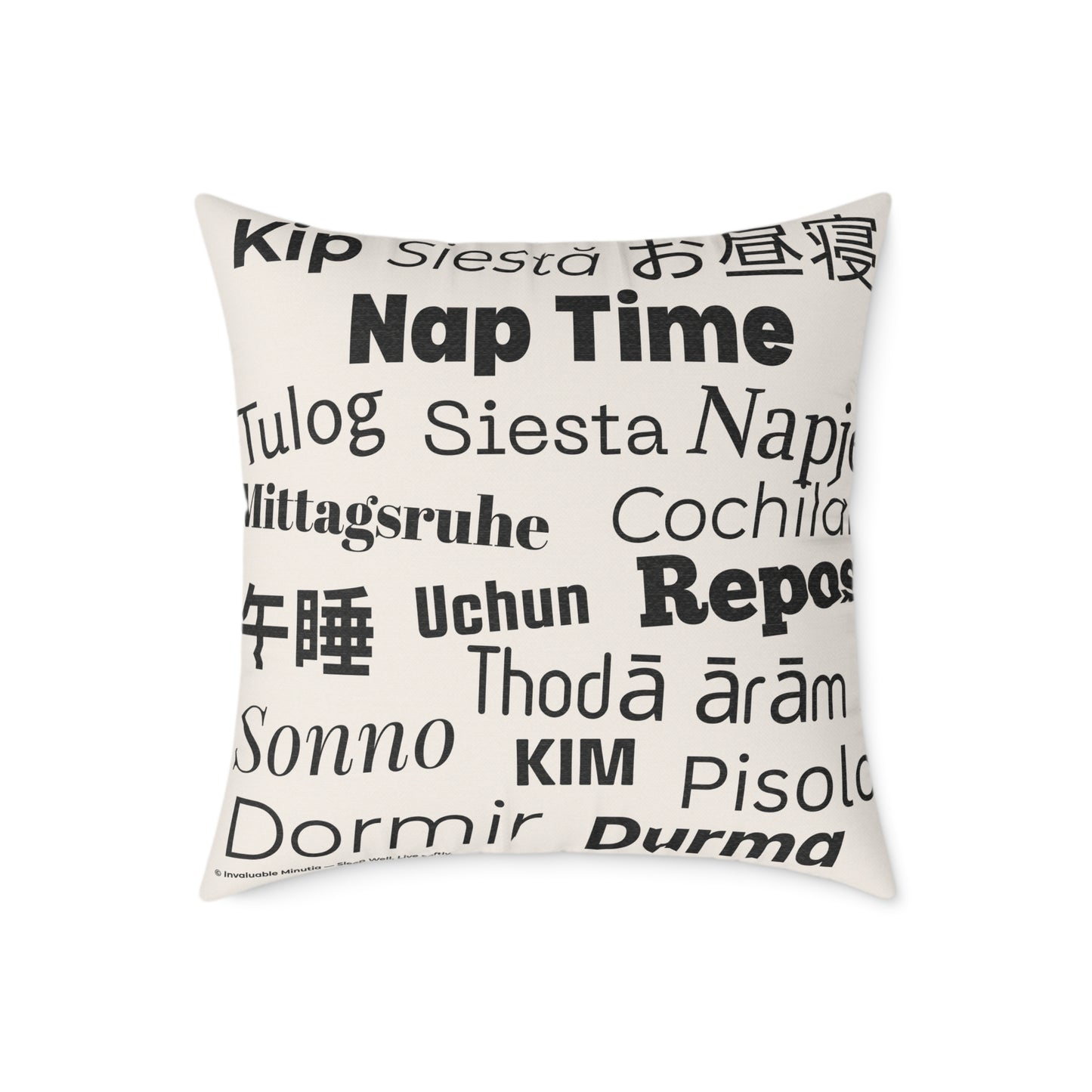 Nap Time (Multilingual) Poly Canvas Throw Pillow — Universal Language: Rest. | Premium Neutral Decorative Cushion