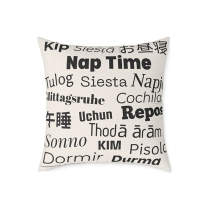 Nap Time (Multilingual) Poly Canvas Throw Pillow — Universal Language: Rest. | Premium Neutral Decorative Cushion