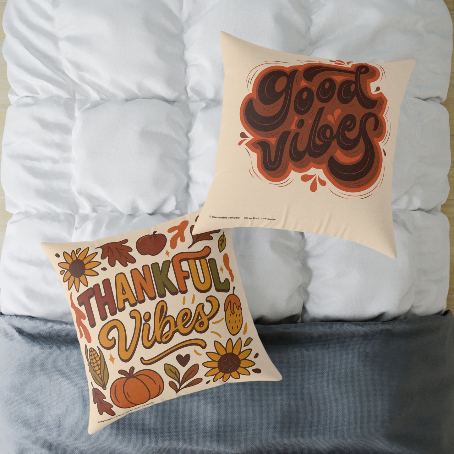 Thankful Vibes Poly Canvas Throw Pillow — Autumn Harvest Illustration | Cozy Seasonal Home Decor
