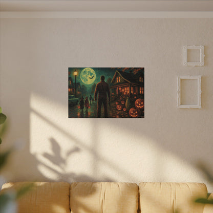 Halloween Neighborhood Scene Canvas Print – Retro Suburban Trick-or-Treat, Glowing Pumpkins & Full Moon Wall Art