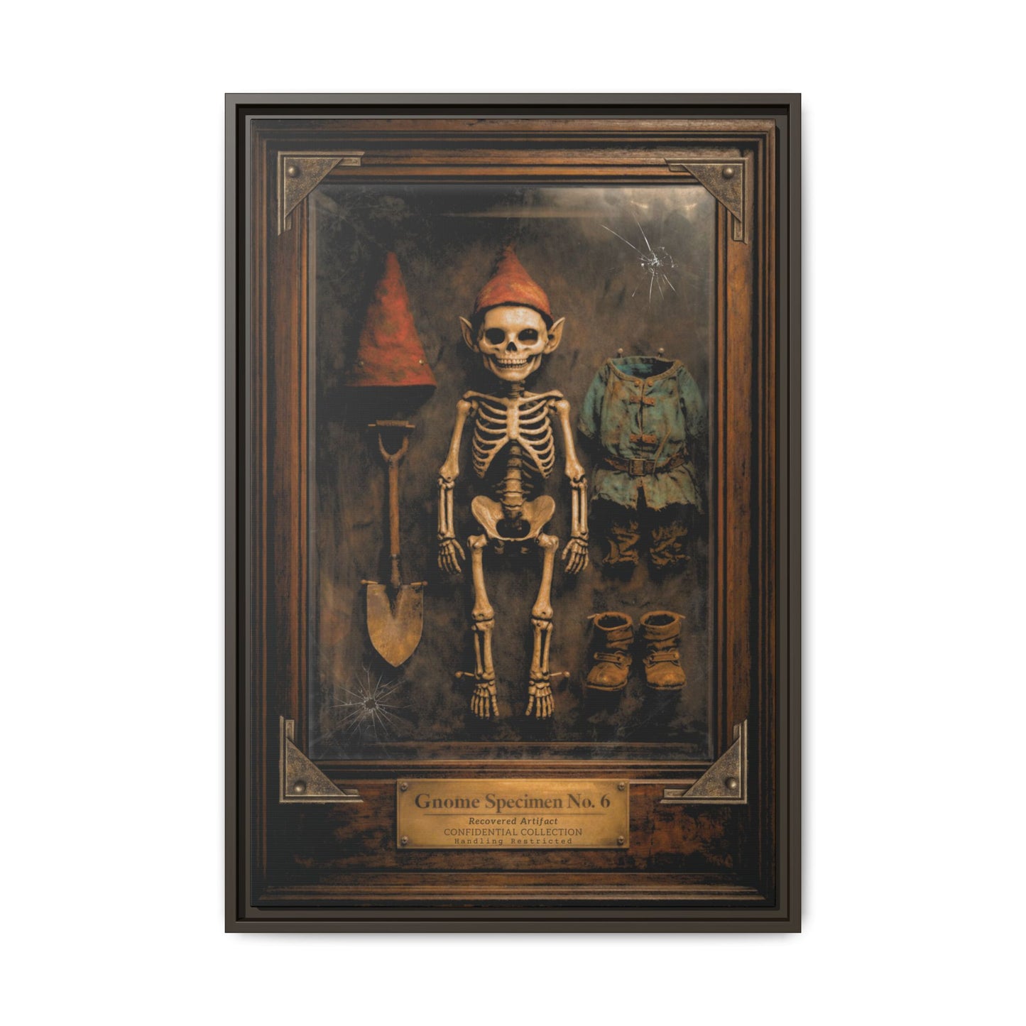 Gnome Specimen No. 6 Framed Canvas Print – Dark Curiosity Cabinet Wall Art, Gothic Skeleton Gnome Decor