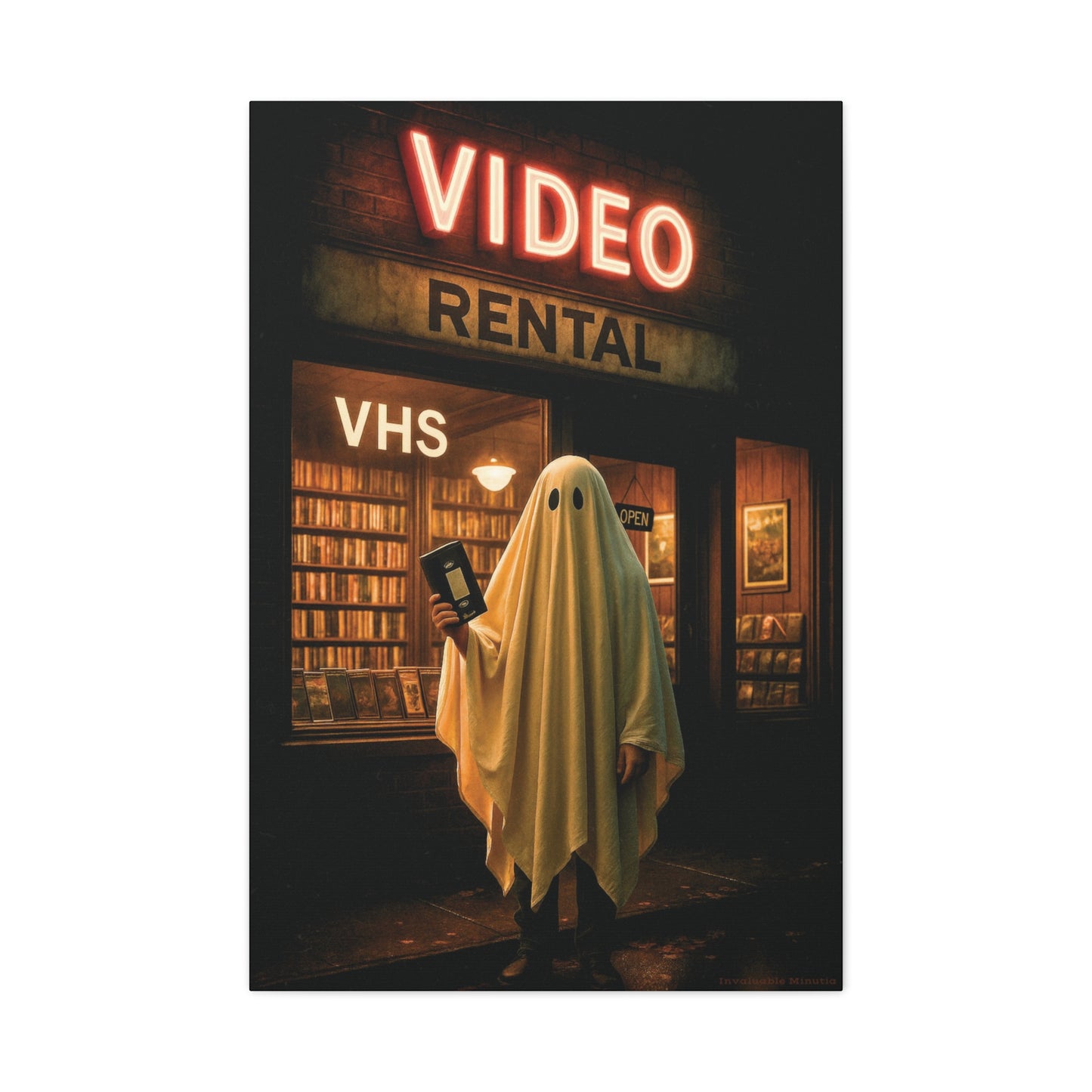 Retro Video Rental Ghost – VHS Nostalgia Matte Stretched Canvas Wall Art | 90s Spooky Decor