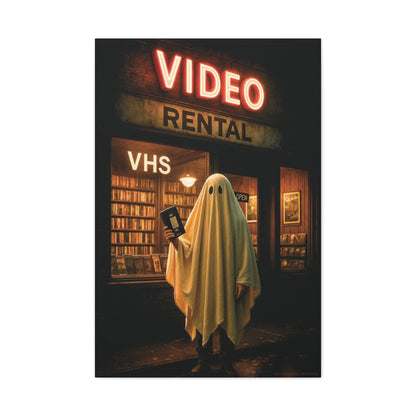 Retro Video Rental Ghost – VHS Nostalgia Matte Stretched Canvas Wall Art | 90s Spooky Decor