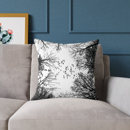 Look Up – Birds in Flight Tree Tops Silhouette Throw Pillow for Dreamers & Forestcore Souls - Canvas Throw Pillow Decor