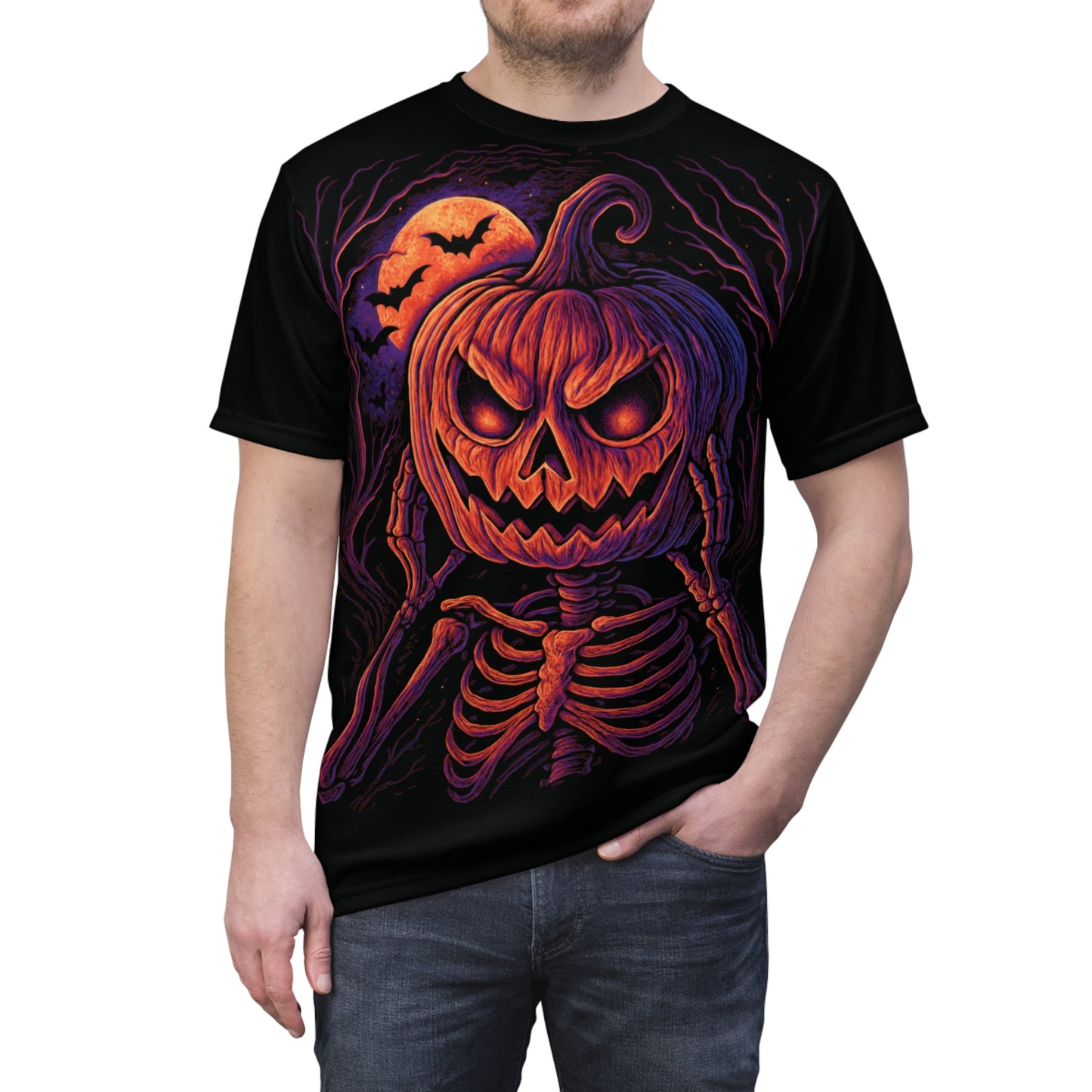 Skeleton Pumpkin Head AOP Halloween T-Shirt – Neon Spooky Jack-o’-Lantern Extra Large Print Tee (All-Over Print)