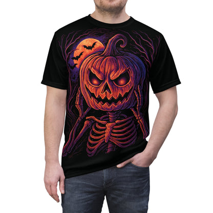 Skeleton Pumpkin Head AOP Halloween T-Shirt – Neon Spooky Jack-o’-Lantern Extra Large Print Tee (All-Over Print)