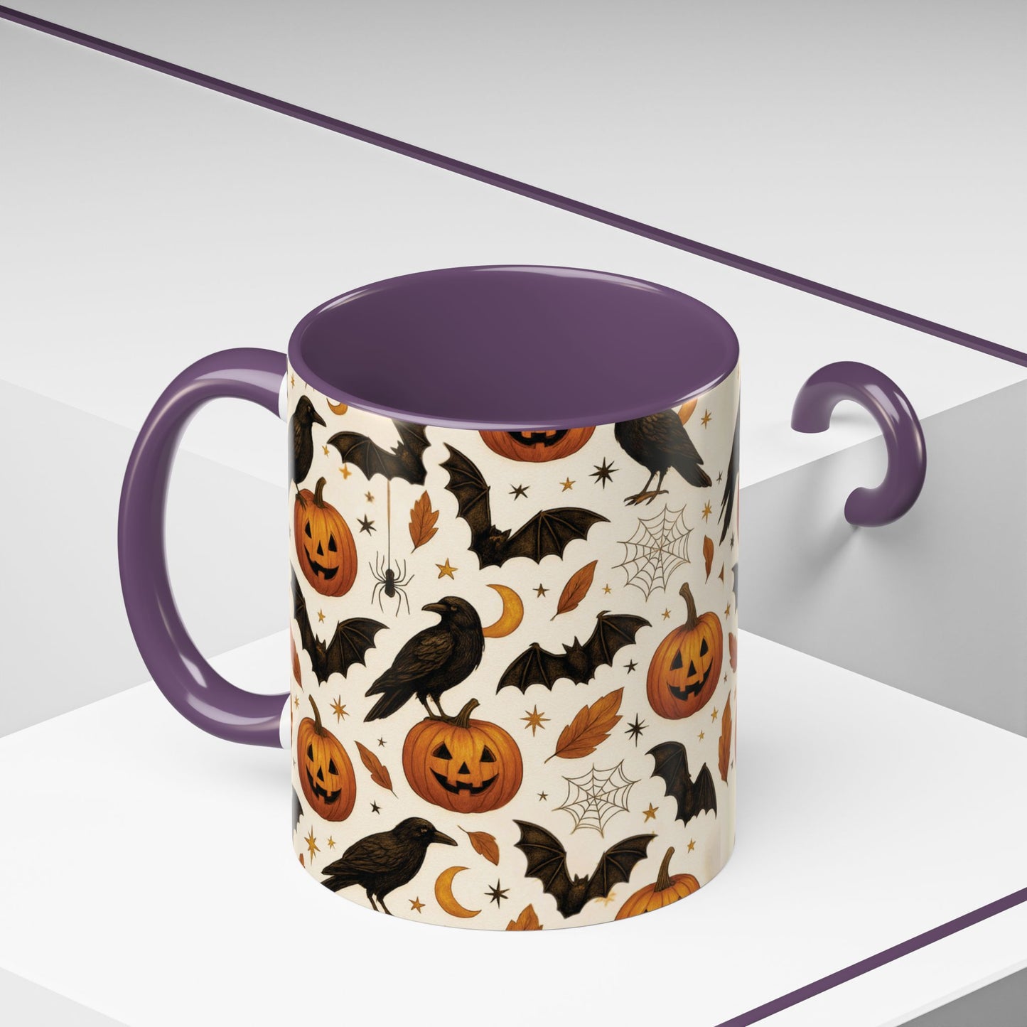 Halloween Raven & Pumpkin Color Accent Mug – Gothic Crow, Bats & Jack-o’-Lantern Coffee Cup (11oz & 15oz) – Spooky Autumn Drinkware