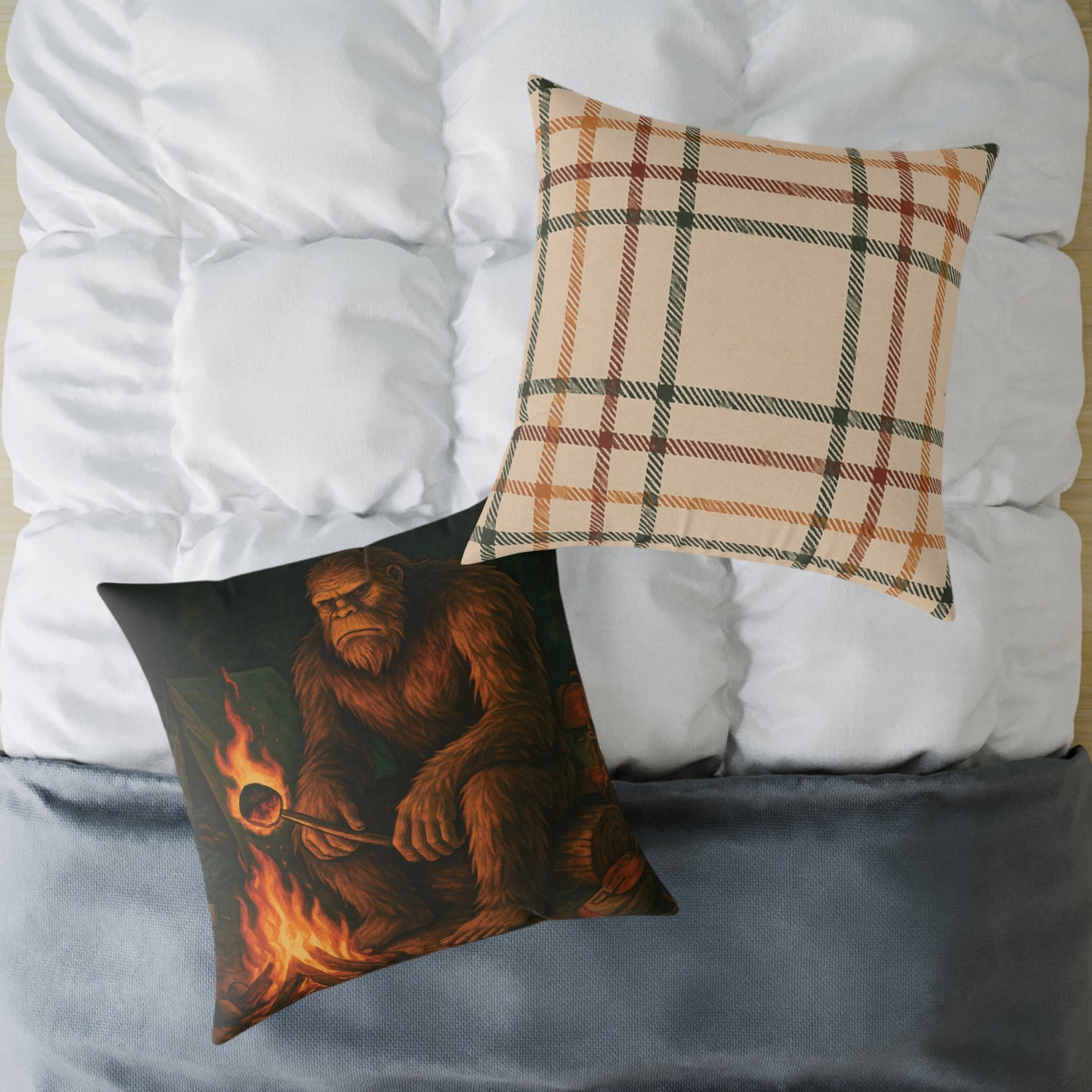 Bigfoot Burnt the S’more – Cryptid Campsite Canvas Throw Pillow
