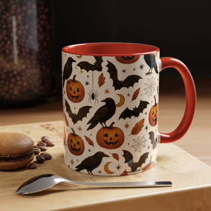Halloween Raven & Pumpkin Color Accent Mug – Gothic Crow, Bats & Jack-o’-Lantern Coffee Cup (11oz & 15oz) – Spooky Autumn Drinkware
